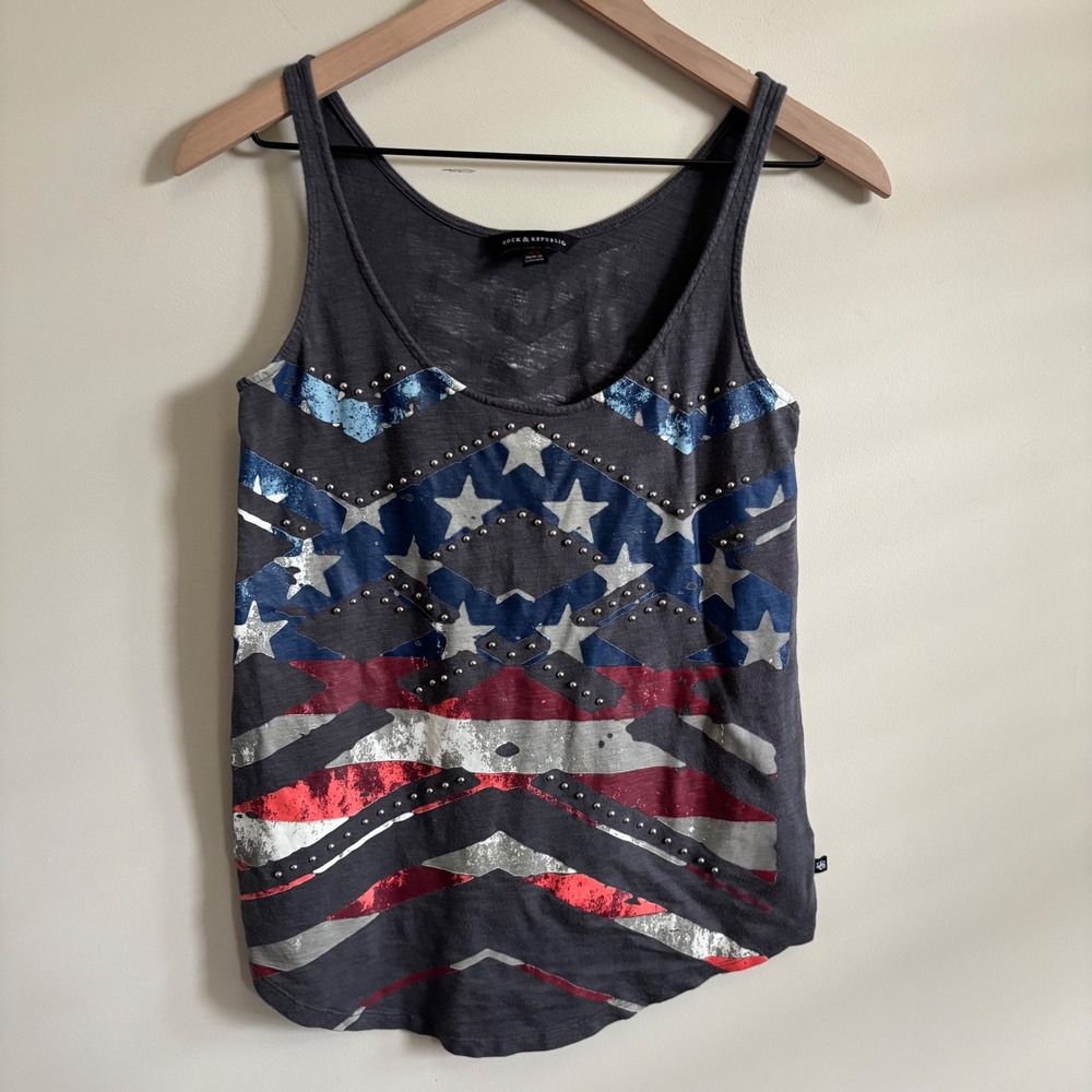 Rock & Republic Womens Studded Americana Flag Tank Top Gray XS Patriotic Edgy